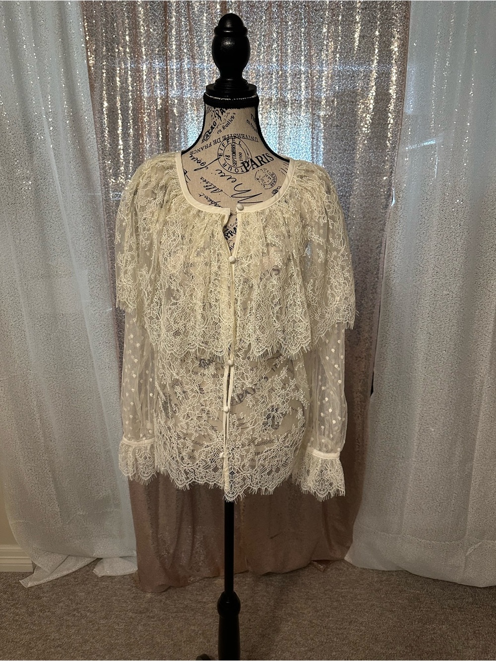 LOFT Ivory Lace Layered Tie-Front Blouse